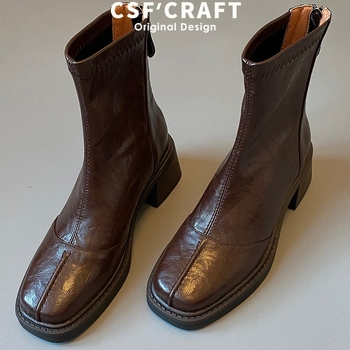 Ženske čizme od kravlje kože, mekana koža, retro stil, kvadratni vrh, visok pet 6–8 cm, kratke čizme s elastičnim gornjim dijelom i stražnjim zatvaračem