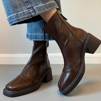 Ženske čizme od kravlje kože, mekana koža, retro stil, kvadratni vrh, visok pet 6–8 cm, kratke čizme s elastičnim gornjim dijelom i stražnjim zatvaračem