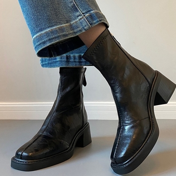 Ženske čizme od kravlje kože, mekana koža, retro stil, kvadratni vrh, visok pet 6–8 cm, kratke čizme s elastičnim gornjim dijelom i stražnjim zatvaračem
