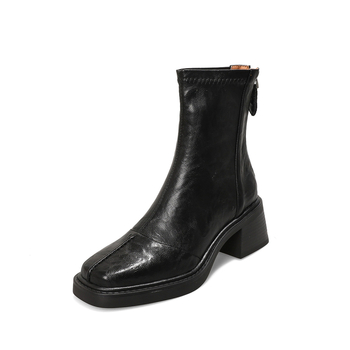 Ženske čizme od kravlje kože, mekana koža, retro stil, kvadratni vrh, visok pet 6–8 cm, kratke čizme s elastičnim gornjim dijelom i stražnjim zatvaračem