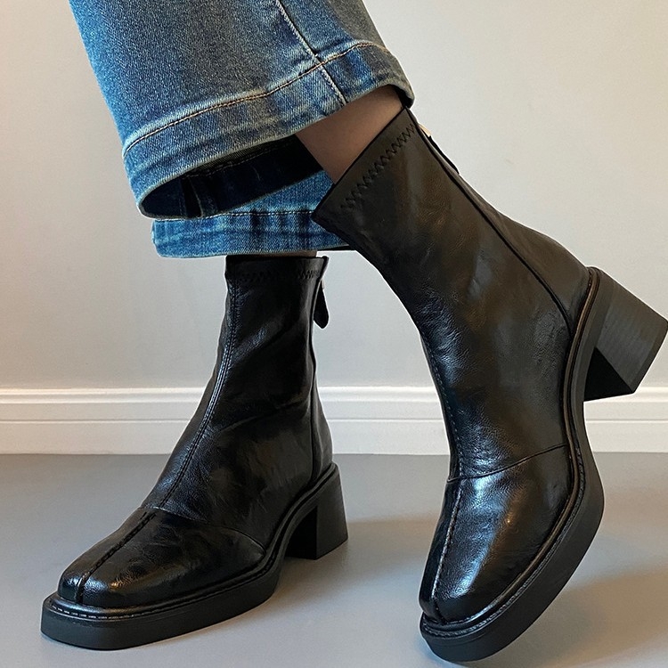 Ženske čizme od kravlje kože, mekana koža, retro stil, kvadratni vrh, visok pet 6–8 cm, kratke čizme s elastičnim gornjim dijelom i stražnjim zatvaračem