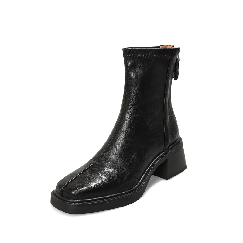 Ženske čizme od kravlje kože, mekana koža, retro stil, kvadratni vrh, visok pet 6–8 cm, kratke čizme s elastičnim gornjim dijelom i stražnjim zatvaračem
