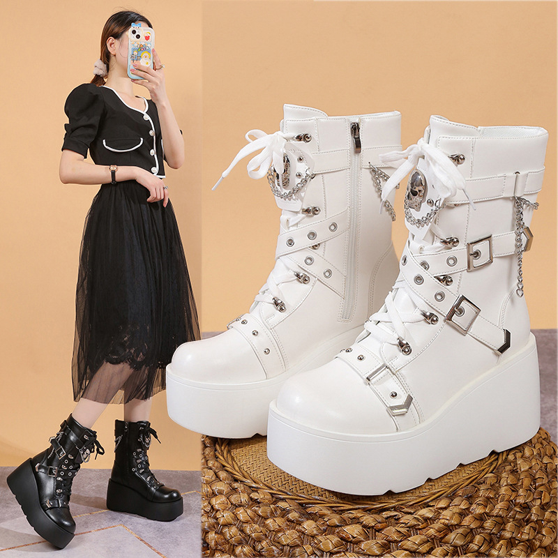 Ženske čizme s platformom za jesen, 9 cm povećanje visine, punk stil, casual Martin čizme, bijele