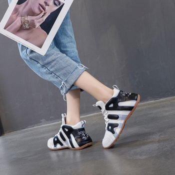 cc&vv Pantofi sport dama din piele cu talpă groasă – toamnă/iarnă 2020, stil coreean, bloc de culori, mid-top, vârf rotund, talpă din cauciuc, căptușeală din piele