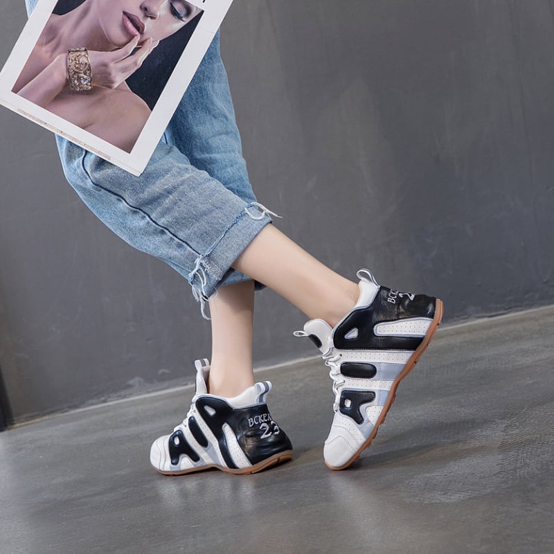 cc&vv Pantofi sport dama din piele cu talpă groasă – toamnă/iarnă 2020, stil coreean, bloc de culori, mid-top, vârf rotund, talpă din cauciuc, căptușeală din piele