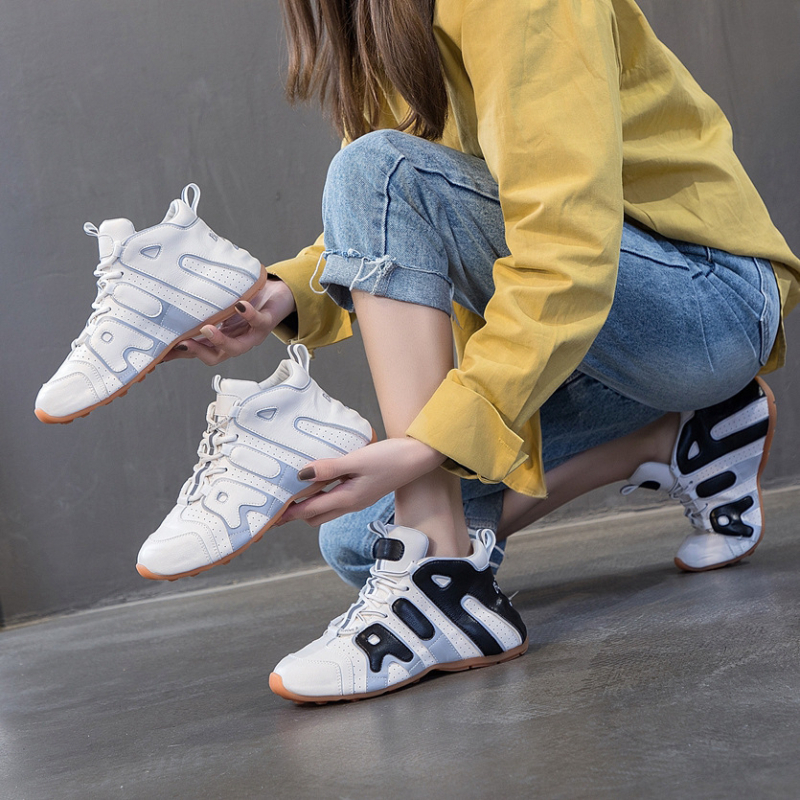 cc&vv Pantofi sport dama din piele cu talpă groasă – toamnă/iarnă 2020, stil coreean, bloc de culori, mid-top, vârf rotund, talpă din cauciuc, căptușeală din piele