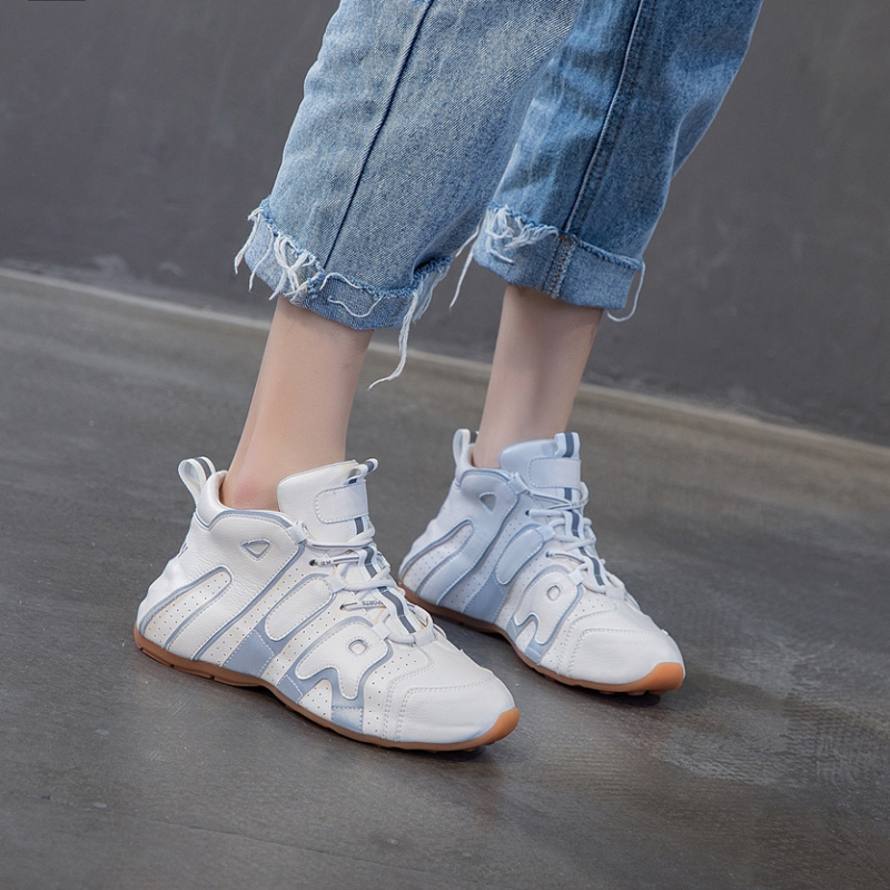 cc&vv Pantofi sport dama din piele cu talpă groasă – toamnă/iarnă 2020, stil coreean, bloc de culori, mid-top, vârf rotund, talpă din cauciuc, căptușeală din piele