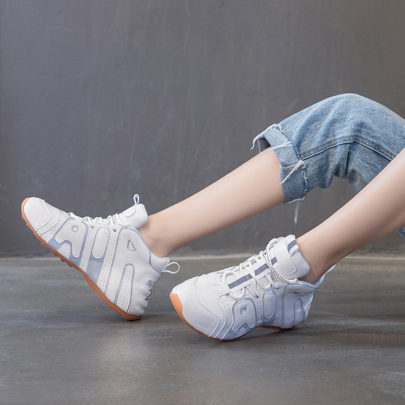 cc&vv Pantofi sport dama din piele cu talpă groasă – toamnă/iarnă 2020, stil coreean, bloc de culori, mid-top, vârf rotund, talpă din cauciuc, căptușeală din piele