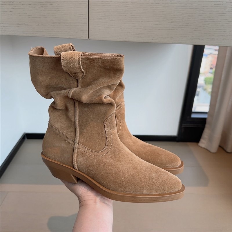 Melard kožne ženske čizme, western stil, oštar vrh, velur s naborima, kratke čizme