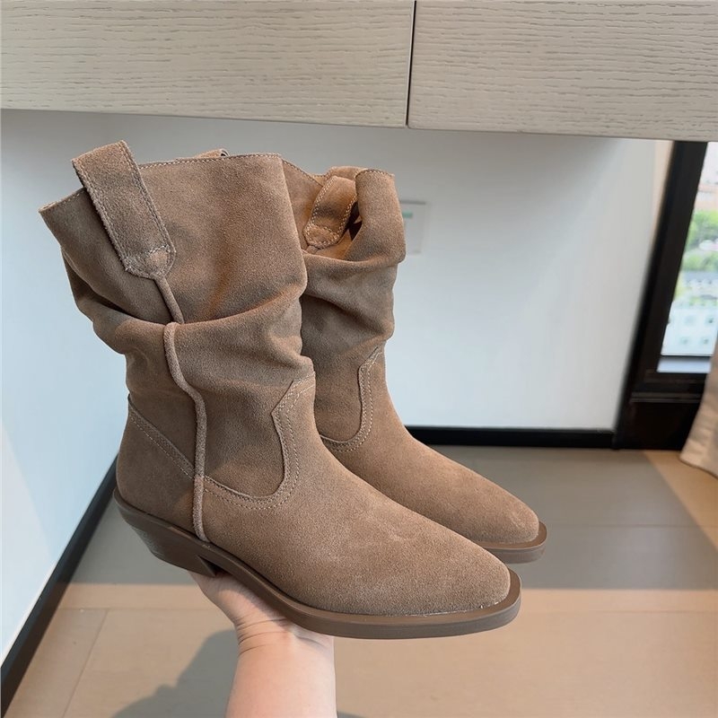 Melard kožne ženske čizme, western stil, oštar vrh, velur s naborima, kratke čizme