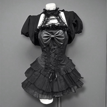 Crni ljetni goth dvodijelni set: haljina s halter dekolom i mašnicom te kratki kardigan