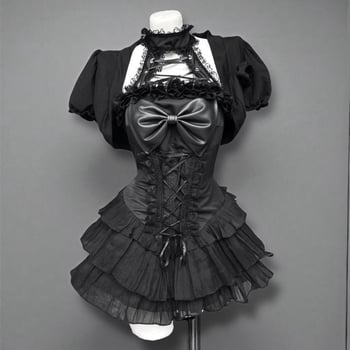 Crni ljetni goth dvodijelni set: haljina s halter dekolom i mašnicom te kratki kardigan