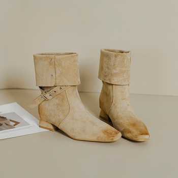 Женски велурени миди ботуши с нисък дебел ток, квадратен пръст, без връзки, стил Мартин