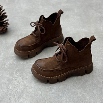 Ženske kratke čizme od prave kože, vezanje, okrugli vrh, debeli đon, retro stil