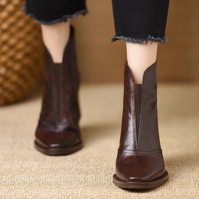 Ženske čizme s visokim potpeticama, za plus veličine, zatvarač na stražnjoj strani, jesen 2024 nova moda, retro kvadratni vrh, debeli potpetica, uske kratke čizme
