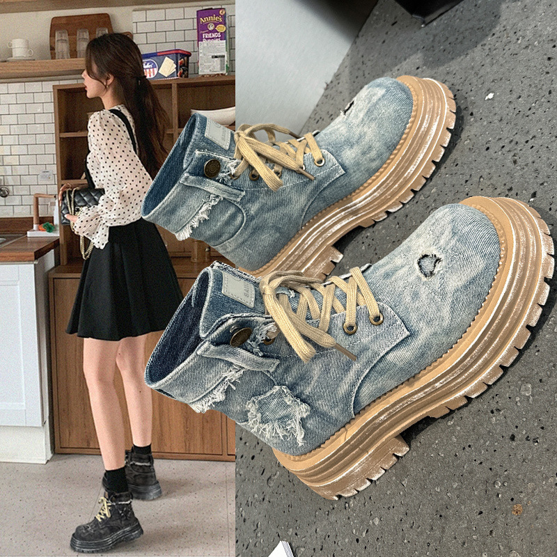 Ženske čizme Martin s debelim potplatom, denim tkanina, retro moto stil