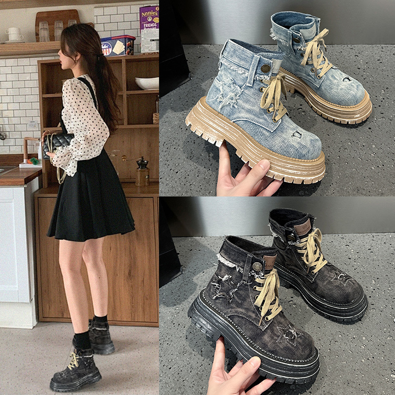 Ženske čizme Martin s debelim potplatom, denim tkanina, retro moto stil