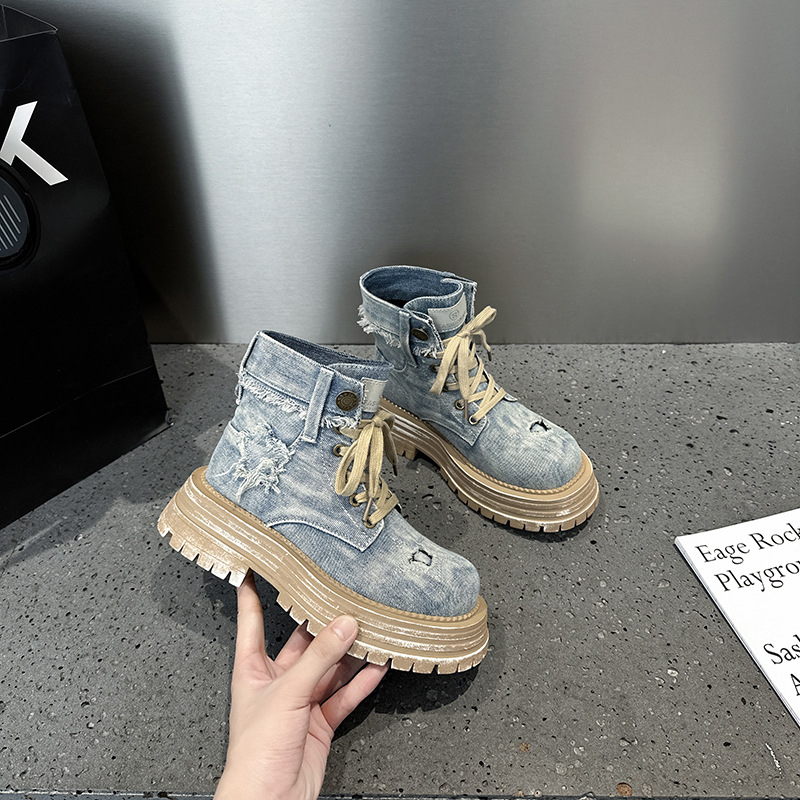Ženske čizme Martin s debelim potplatom, denim tkanina, retro moto stil