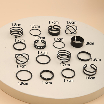 Set od 16 crnih prstenova s geometrijskim minimalističkim dizajnom, unisex, prepoznatljiv stil
