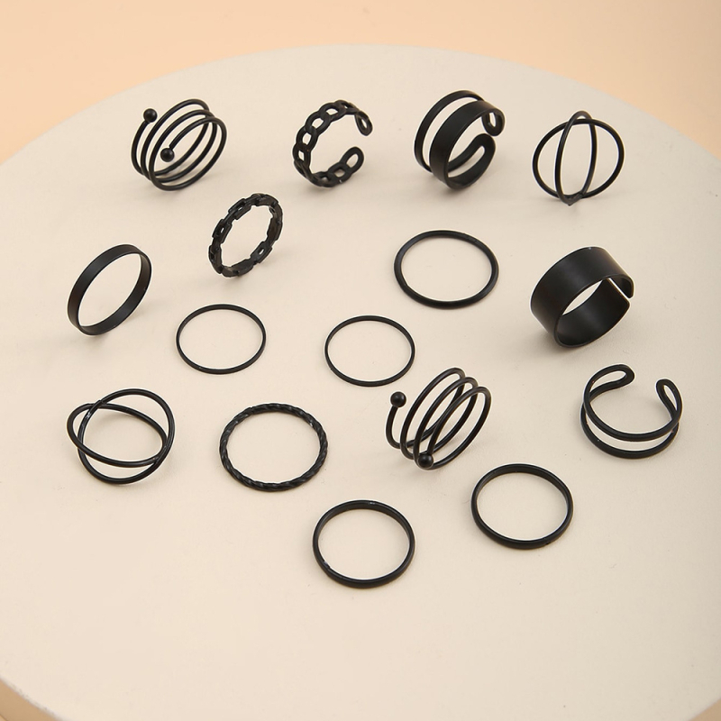 Set od 16 crnih prstenova s geometrijskim minimalističkim dizajnom, unisex, prepoznatljiv stil