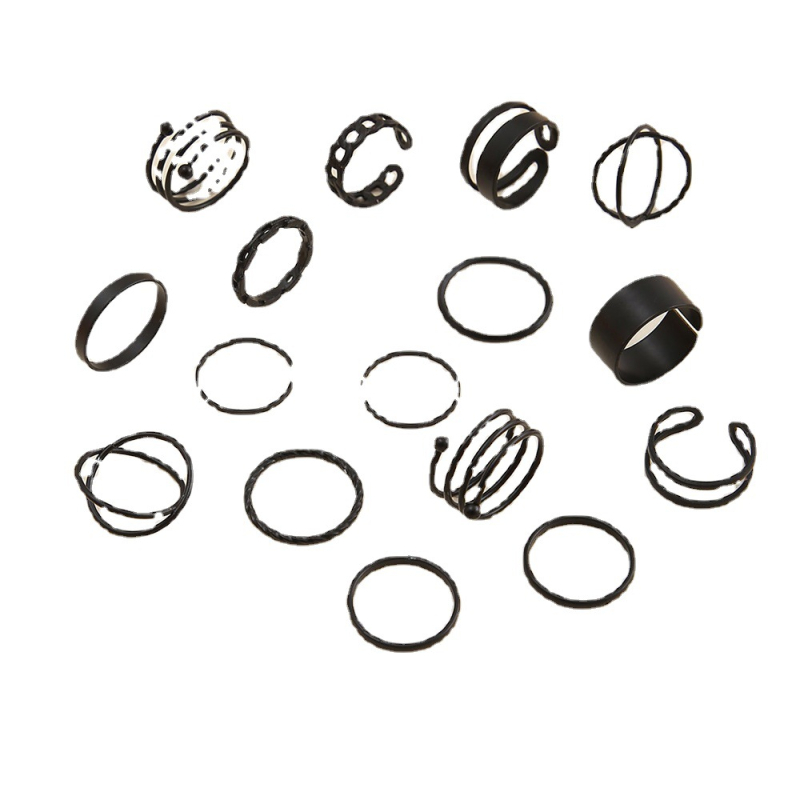 Set od 16 crnih prstenova s geometrijskim minimalističkim dizajnom, unisex, prepoznatljiv stil