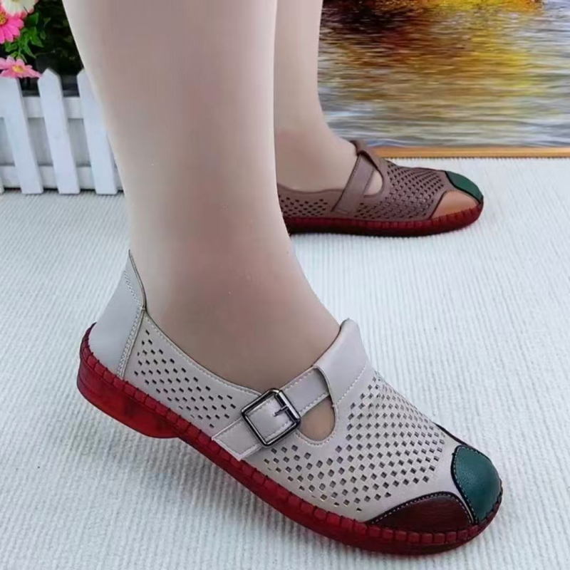 Ženske udobne sandale s perforiranom mrežom na gornjoj strani, mekana uloška, protuklizan potplat, niski potpetica 1–3 cm, kopča.