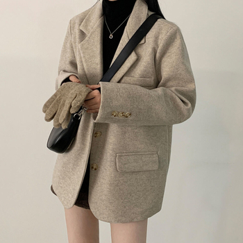 Ženski sako-blazer za zimu 2025, britski stil, srednja duljina, opušten kroj, jednobojni, ovratnik sakoa, dugi rukavi, panelni dizajn, mješavina vlakana