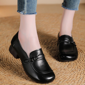 Ženske cipele od kože prvog sloja teleće kože, debeli pet, mekana podstava, retro etnički stil