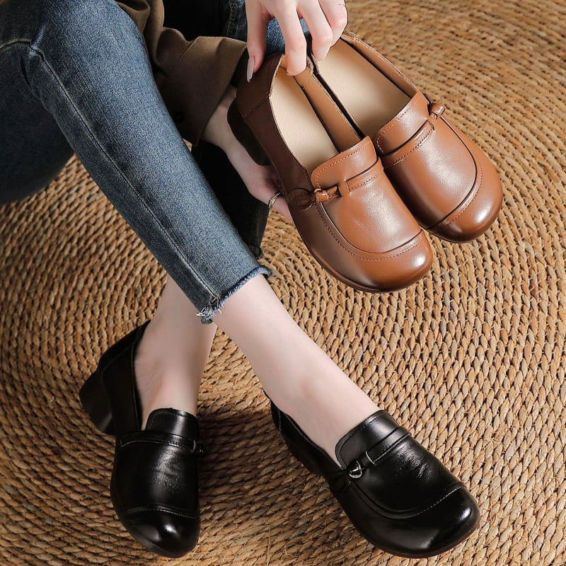 Ženske cipele od kože prvog sloja teleće kože, debeli pet, mekana podstava, retro etnički stil