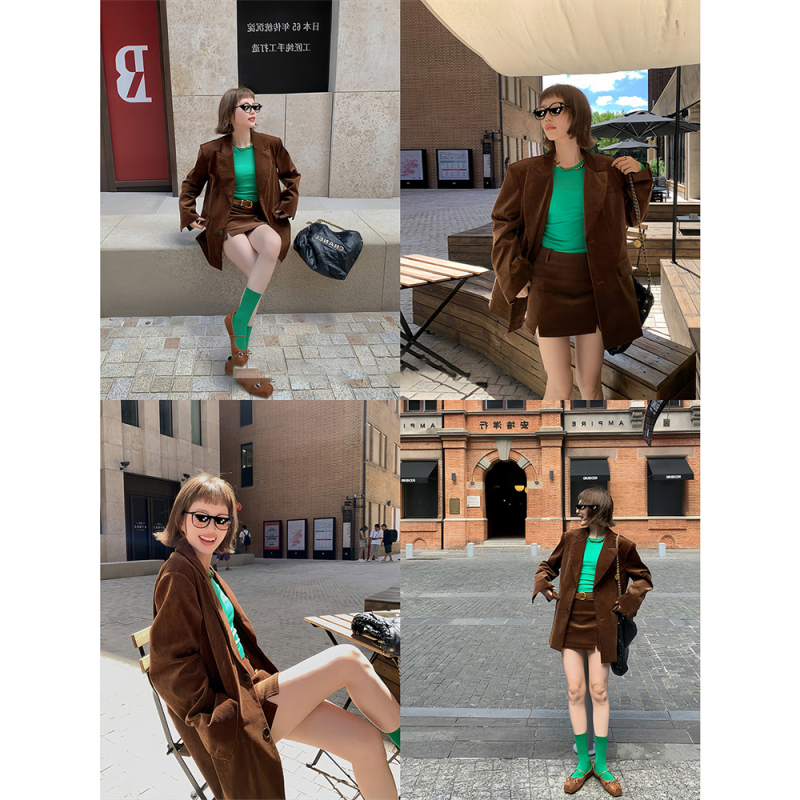 Дамски corduroy костюмно яке, есен 2024, casual свободна кройка, ретро кафяво