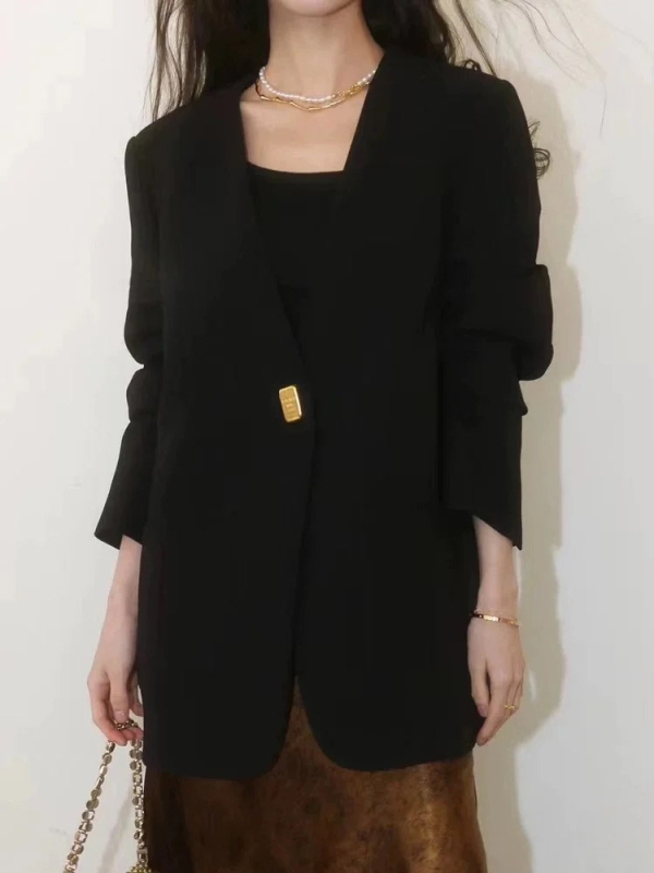 Ženski blazer velikog broja, jesenji korejski stil, opuštena linija, mali zlatni gumbi i V-izrez