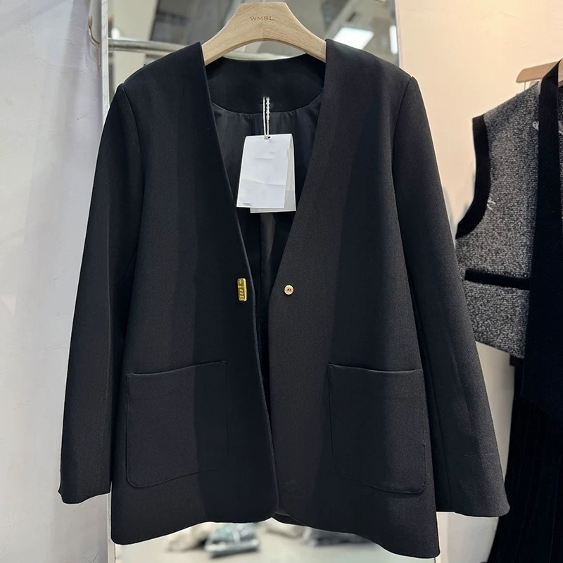 Ženski blazer velikog broja, jesenji korejski stil, opuštena linija, mali zlatni gumbi i V-izrez
