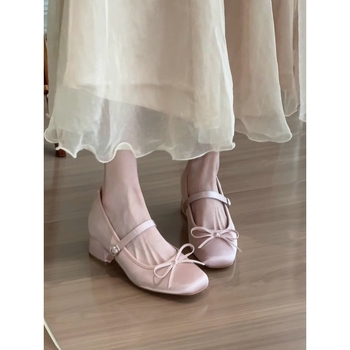 Roze satenske Mary Jane cipele s mašnicom, visoko peto, unutarnje povećanje visine 7 cm, mek podplat