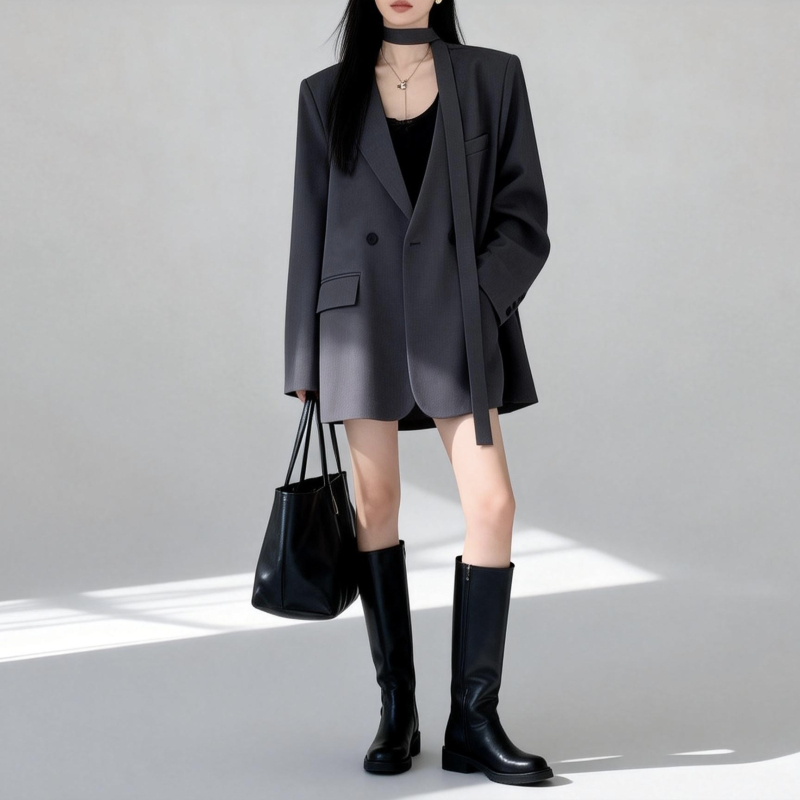 Ženski sako bez ovratnika s trakama, casual stil, proljeće–jesen, širok kroj uz pojas, elegantan dizajn