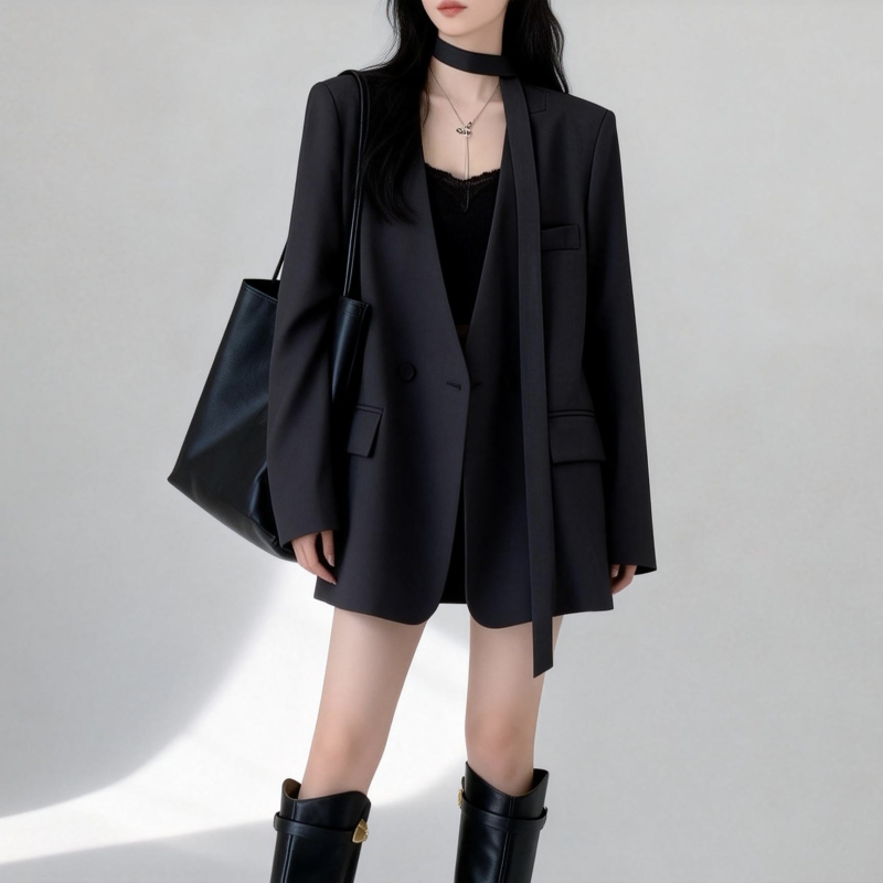 Ženski sako bez ovratnika s trakama, casual stil, proljeće–jesen, širok kroj uz pojas, elegantan dizajn