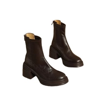 Francia stílusú fekete női bokacsizma őszi–téli, plüss béléssel, magas sarkú, karcsú vonal, vastag talp a magasság növeléséhez, Martin-stílusú csizma