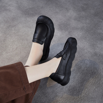 Ženske retro slip-on cipele s mekanim kožnim gornjim dijelom, okrugli vrh, bez podstave, gumena potplat, visina pete 3-5 cm