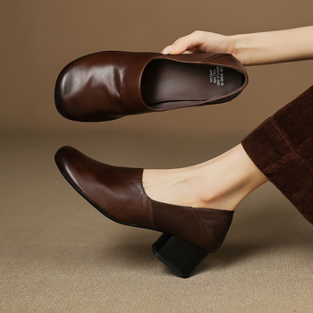 Ženske kožne cipele s debelim petom od 5 cm, mekana podstava, slip-on