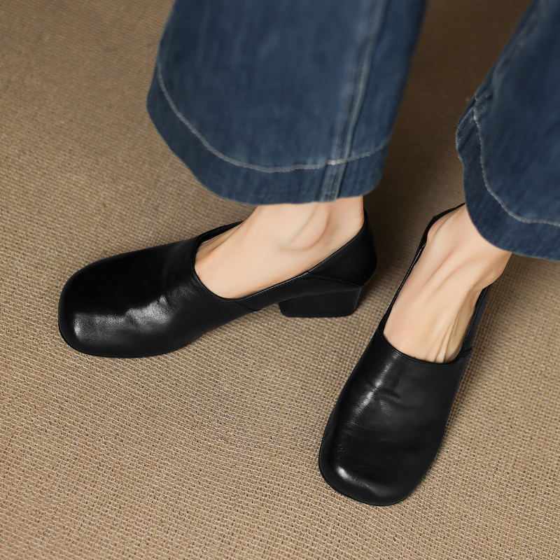 Ženske kožne cipele s debelim petom od 5 cm, mekana podstava, slip-on