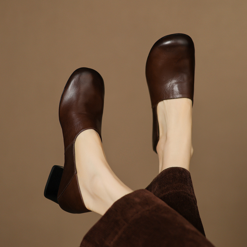 Ženske kožne cipele s debelim petom od 5 cm, mekana podstava, slip-on