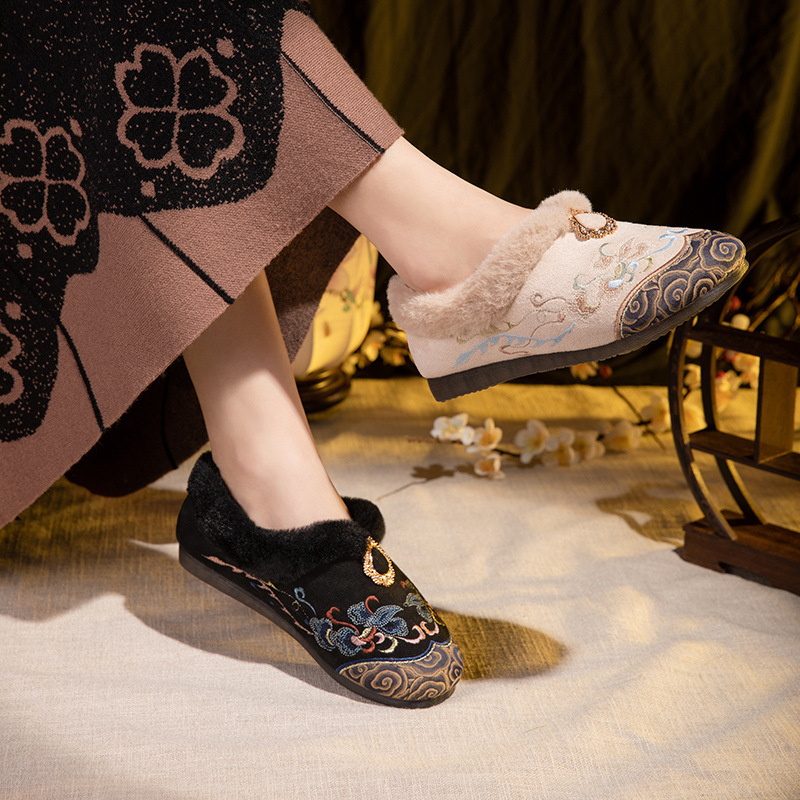 Ženske vintage platnene cipele s cvjetnom vezom, slip-on, ravni potplat