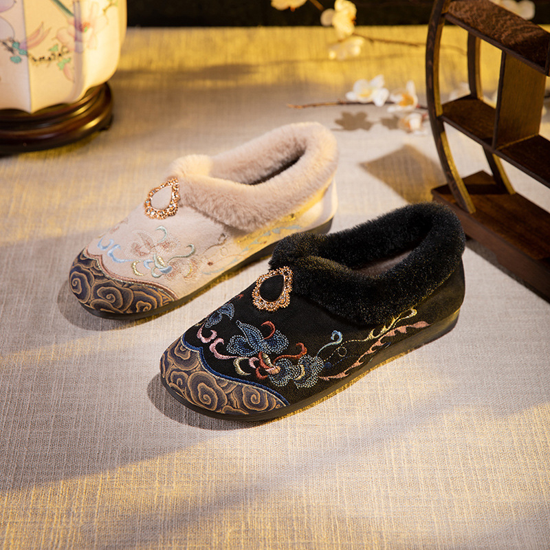 Ženske vintage platnene cipele s cvjetnom vezom, slip-on, ravni potplat