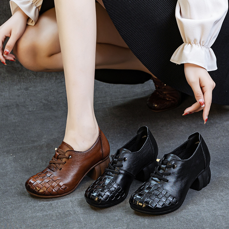 Ženske slip-on cipele s debelim petom, mekanom potplatom, koža prvog sloja, retro ručna izrada