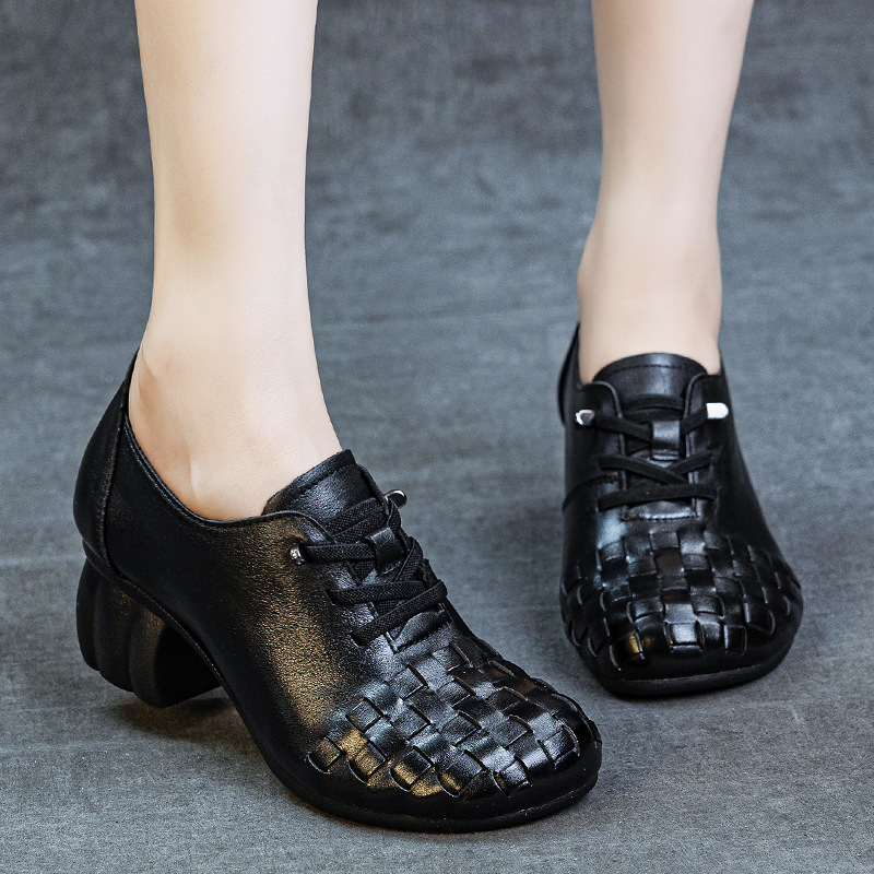 Ženske slip-on cipele s debelim petom, mekanom potplatom, koža prvog sloja, retro ručna izrada