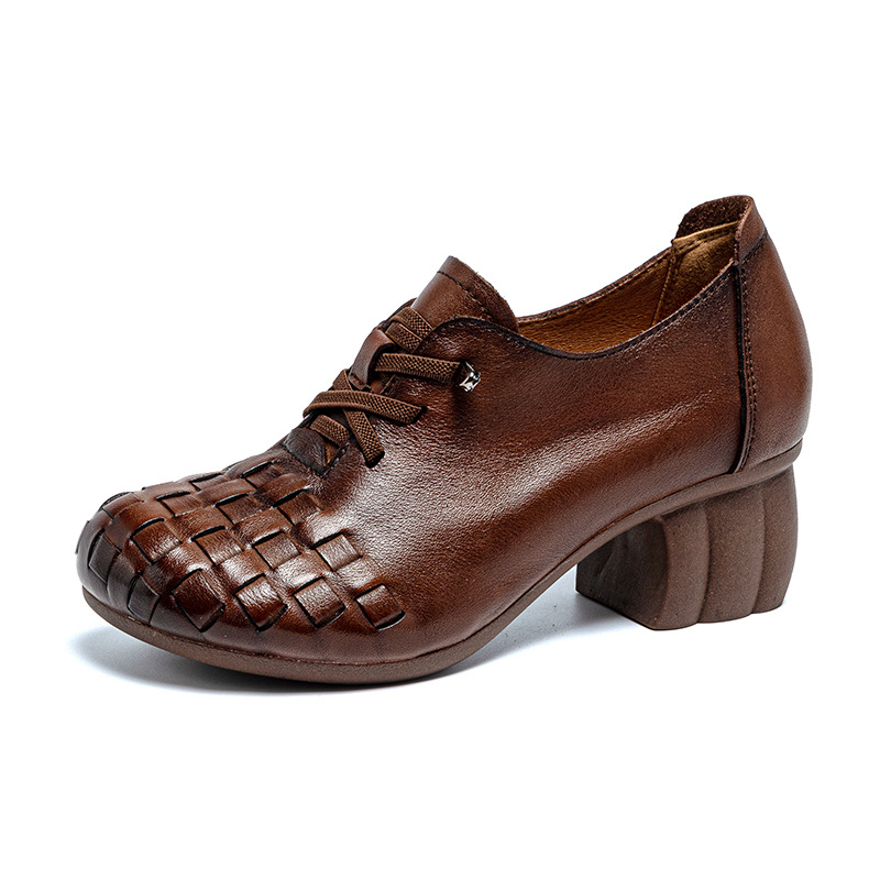 Ženske slip-on cipele s debelim petom, mekanom potplatom, koža prvog sloja, retro ručna izrada