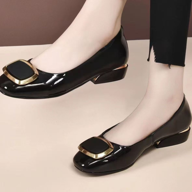 Ženske slip-on loaferice s niskom blok petom, kvadratna kopča, meka koža i potplat, svakodnevna obuća