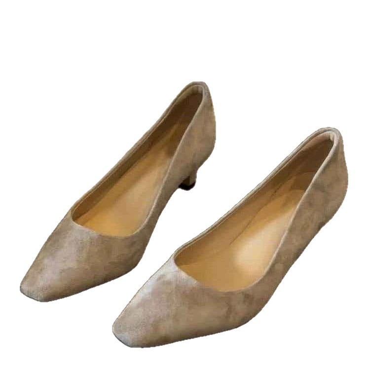 Ženske cipele od brušenog materijala (suede), smeđkasto-kava boja, srednji blok potpetica, kvadratni vrh, retro stil, slip-on
