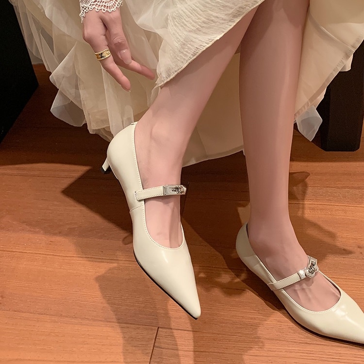 Ženske cipele u francuskome stilu, off-white, okrugli vrh, srednji pet, kaiš s kopčom