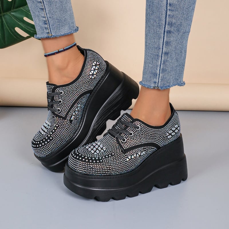 Ženske loaferice s platformom i dijamantnim ukrasom, 2024 proljeće-jesen, slip-on, debeli potplat
