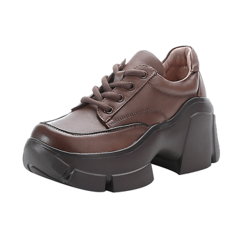 Ženske cipele s visokim petama, vezanje, od prave kože, okrugla špička, vintage stil, debeli potplat s platformom
